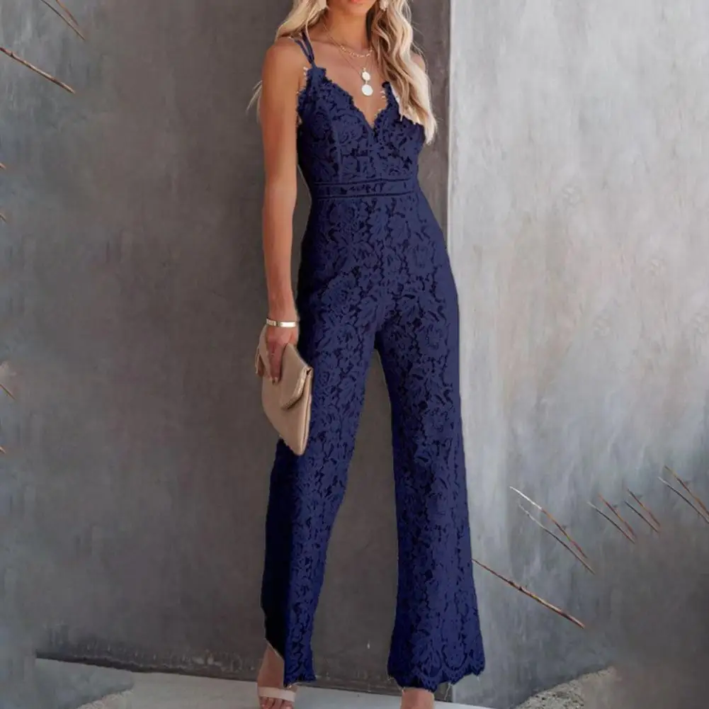 

New Elegant Office Lady Jumpsuit Sexy Women Jumpsuit Lace Spaghetti Straps Elegant Solid Color V Neck Sleeveless Romper Overalls