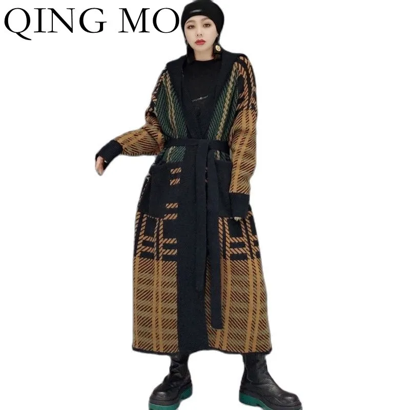 

QING MO 2021 Autumn Winter New Knitted Cardigan Sweater Coat Women Loose Plus Size Retro Printed Plaid Long Sweater Coat ZWL1319