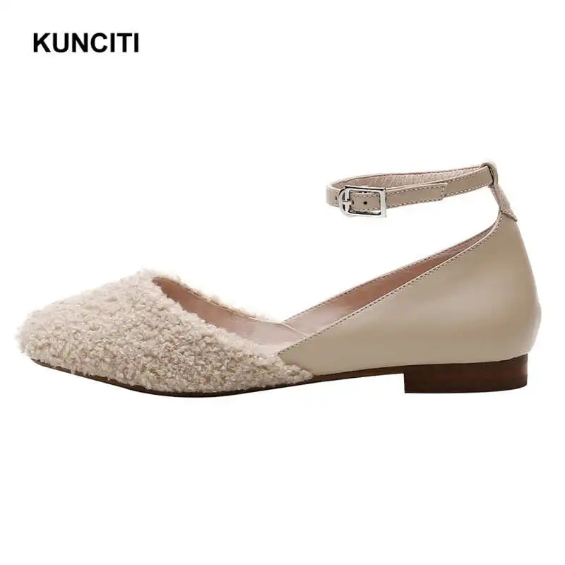 KUNCITI/; женская обувь на плоской подошве; женская кожаная обувь с ремешком на щиколотке; женская повседневная обувь; эспадрильи в европейском стиле; модная дизайнерская обувь; F9146 - Цвет: Apricot