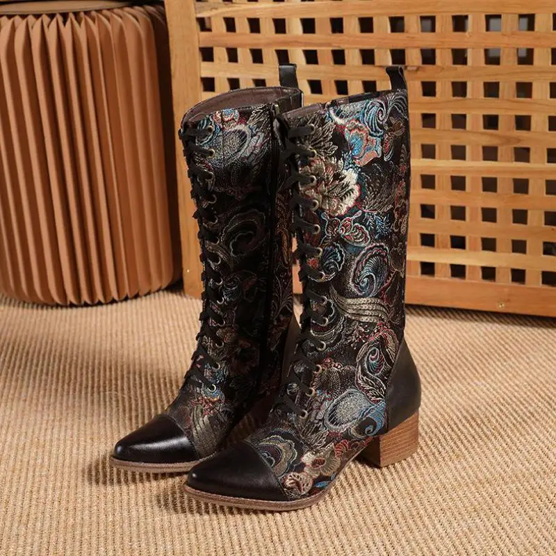 

YourSeason Long Ladies Embroidery Cloth Boots Short Plush Pointed Toe Female Zip Cross Tied Genuine Leather Shoes Platform