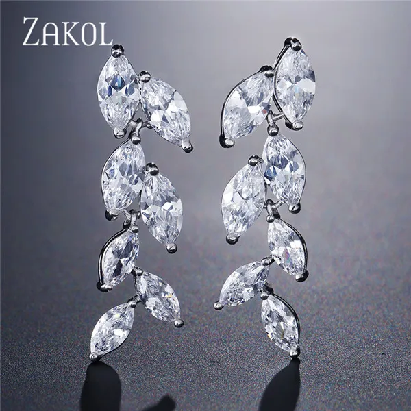 White Color ZAKOL, модные серьги-капли с огранкой маркиза, Белый AAA Фианит, циркон, кристалл, серьги в виде листьев золотого цвета для женщин, свадебные ювелирные изделия FSEP512 - Окраска металла: White Color