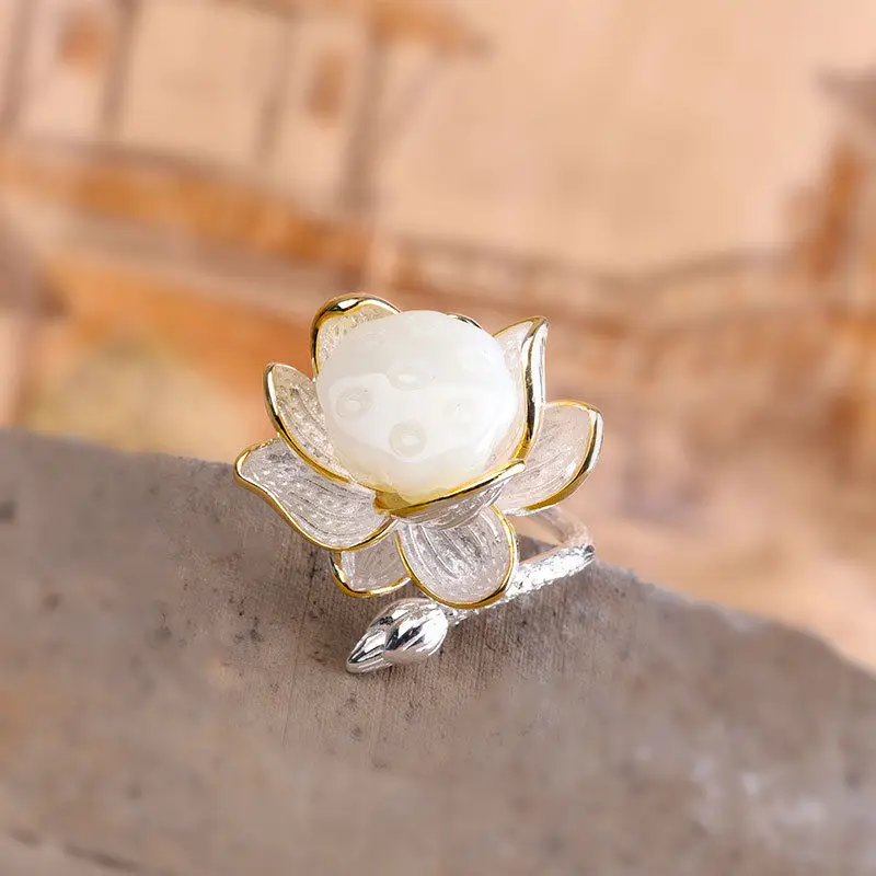 Женское кольцо с лотосом из натурального нефрита в стиле ретро|Кольца| |