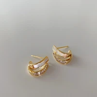 allnewme simple c shape bling cz zirconia earring for women ladies white shell irregular geometric stud earrings french jewelry