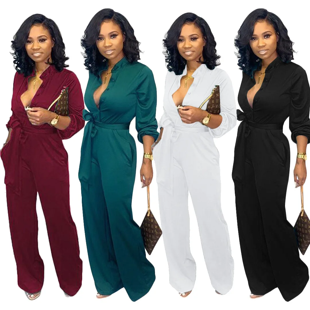 

Casual Long Sleeve Jumpsuit with Sashes Women Long Overalls Oversized Clothings S-3xl Solid Romper Turtleneck Button Jumpsuit