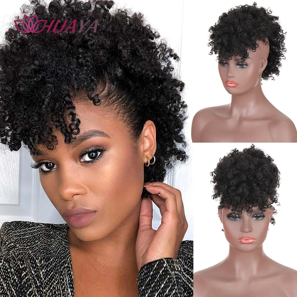 

HUAYA High Puff Afro Ponytail with Bangs Short Kinky Curly Ponytail Clip in Hair Extensions Mohawk Ponytail Bun Hair Clips