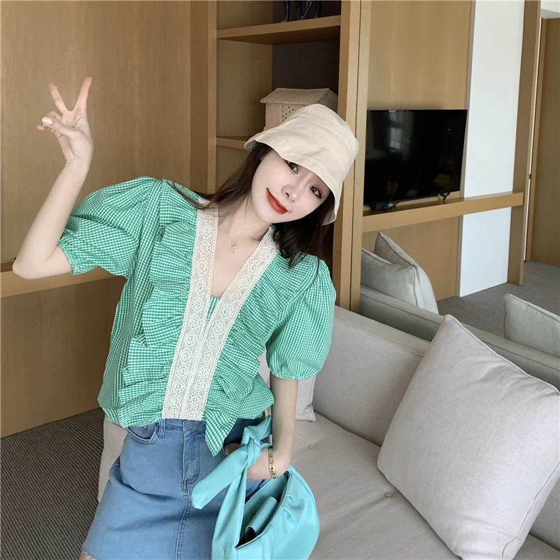 

COIGARSAM French Style Plaid blouse women Vintage Puff Sleeve V-Neck blusas womens tops and blouses Green Blue Q059