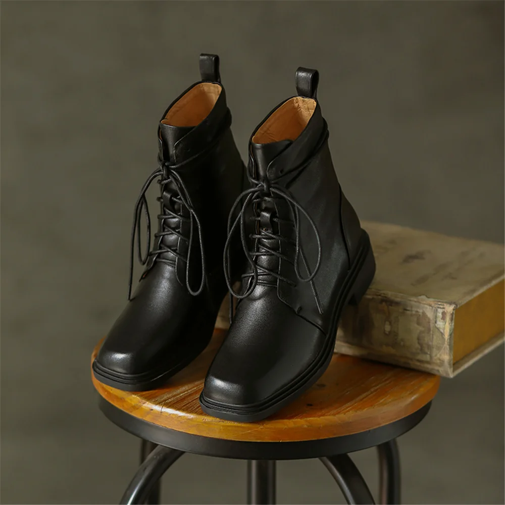 spesifikasi Sepatu Bot Pergelangan Kaki Superstar Hollywood Hak Tinggi 4Cm Gaya Preppy Platform Hangat Kulit Alami Ujung Persegi Yang Diikat Silang DSHL14 MUYISEXI