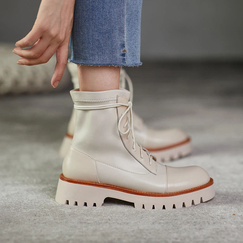 

kickway Boots Female 2020 Autumn New Genuine Leather Women Booties Lace Up White winter women shoes black ankle boots for women