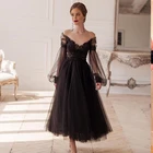 Черное вечернее кружевное платье-трапеция из тюля с открытой спиной, длиной до щиколотки, длинными рукавами и V-образным вырезом, аппликациями, 2021