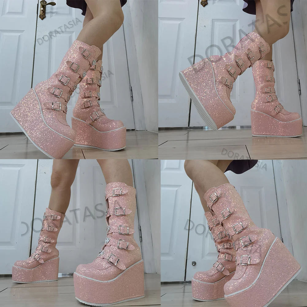 doratasia ins hot brand women boots zipper heart buckle wedges platform womens boots cool goth cosplay bling cute shoes free global shipping