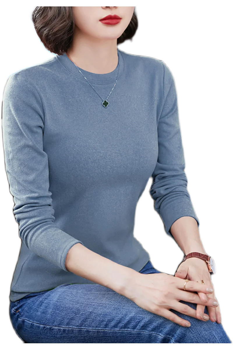 

Autumn Winter Women Solid Color Base Bottoming Shirt Double Sided Velvet Tops Long Sleeve Women T-shirt Round Neck Warm T Shirt