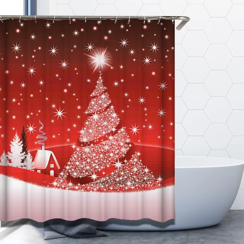 

Polyester Fiber Shower Curtain 180x160cm Anti-mold Christmas Printing Bathroom Waterproof Accessories with 12pcs Hooks