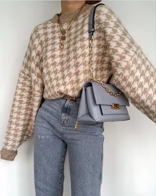 

Women Casual Houndstooth Lady Pullover Sweater Female 2021 Autumn Winter Retro Jumper Women Geometric Blue Knitted Sweater Femme