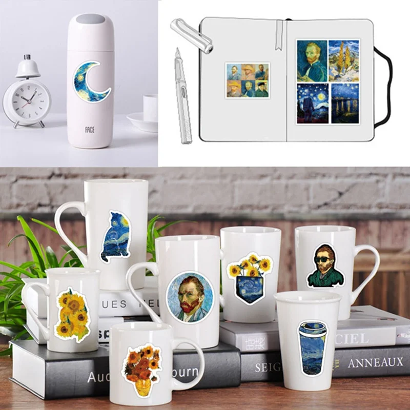 

50 PCS Van Gogh Oil Painting Stickers Waterproof Sunflower Art Sticker Laptop Skateboard Refrigerator Computer Graffiti Sticker