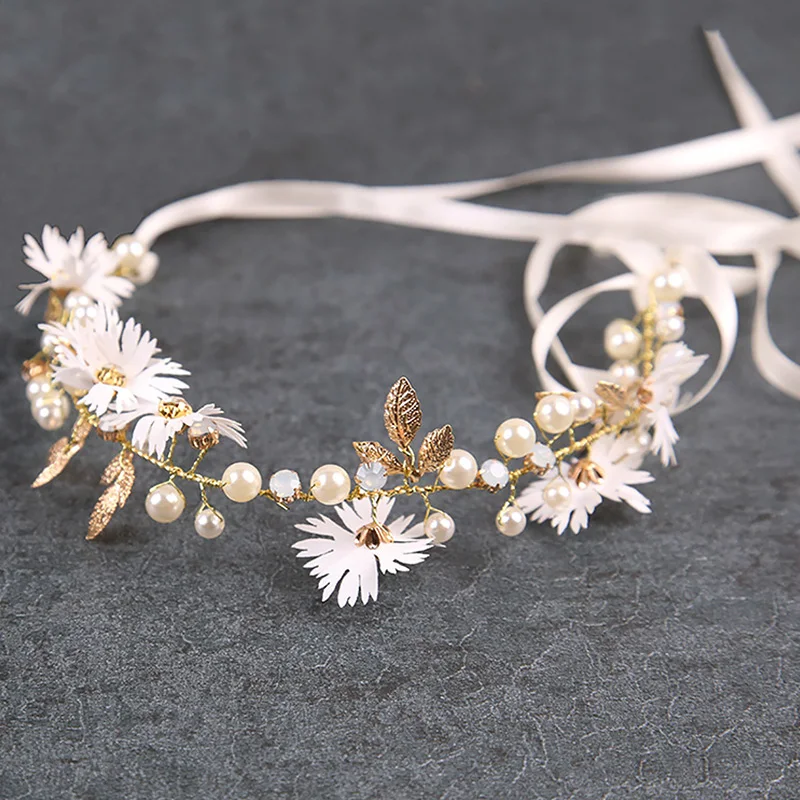 

Pearl Bride Headpiece Crown Headband Wedding Headwear Headdress Handmade Romantic Flower Tiaras Hair Jewelry Accessories