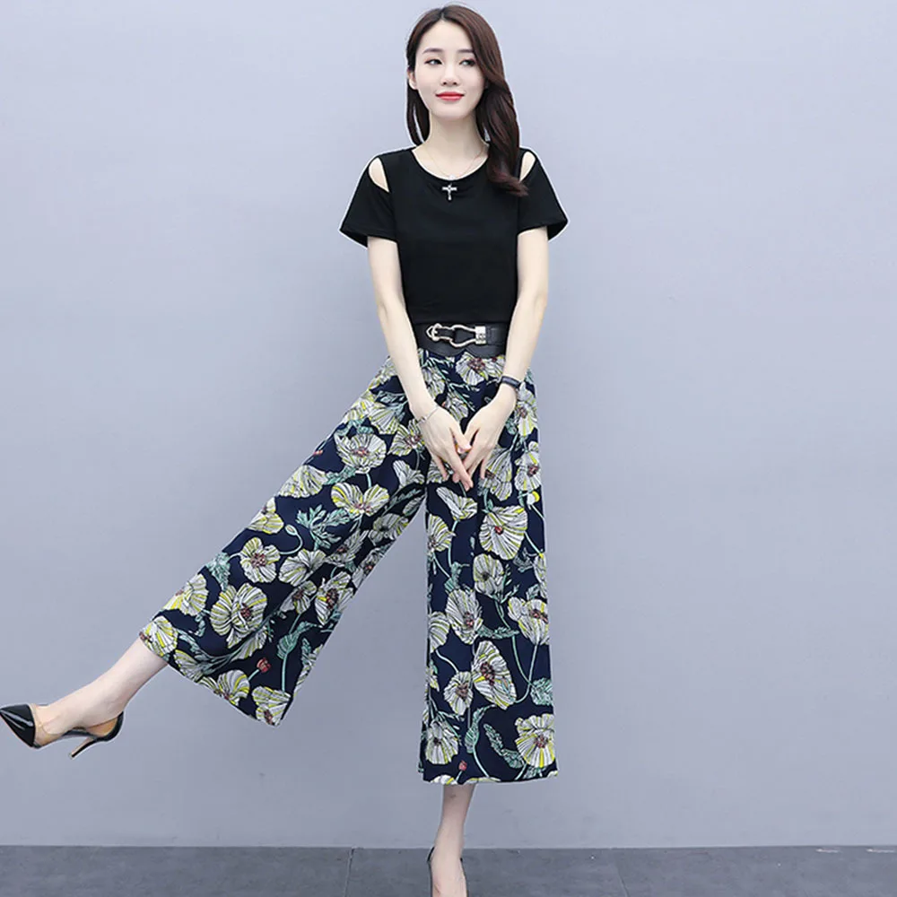 

Elegant Short sleeve T-shirt + Chiffon wide-leg pants suit women's summer 2021 new high-waist nine-point pants two-piece sets