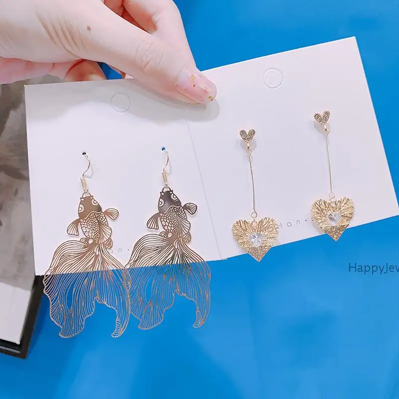 Серьги золотые рыбки полые Висячие китайский стиль темперамент Стразы ювелирные