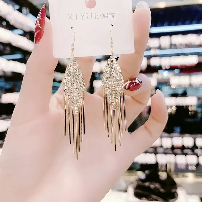 

2021 New Geometric Tassel Earrings Long Earrings Korean Temperament Full Diamond Net Red Earrings Women New Earrings