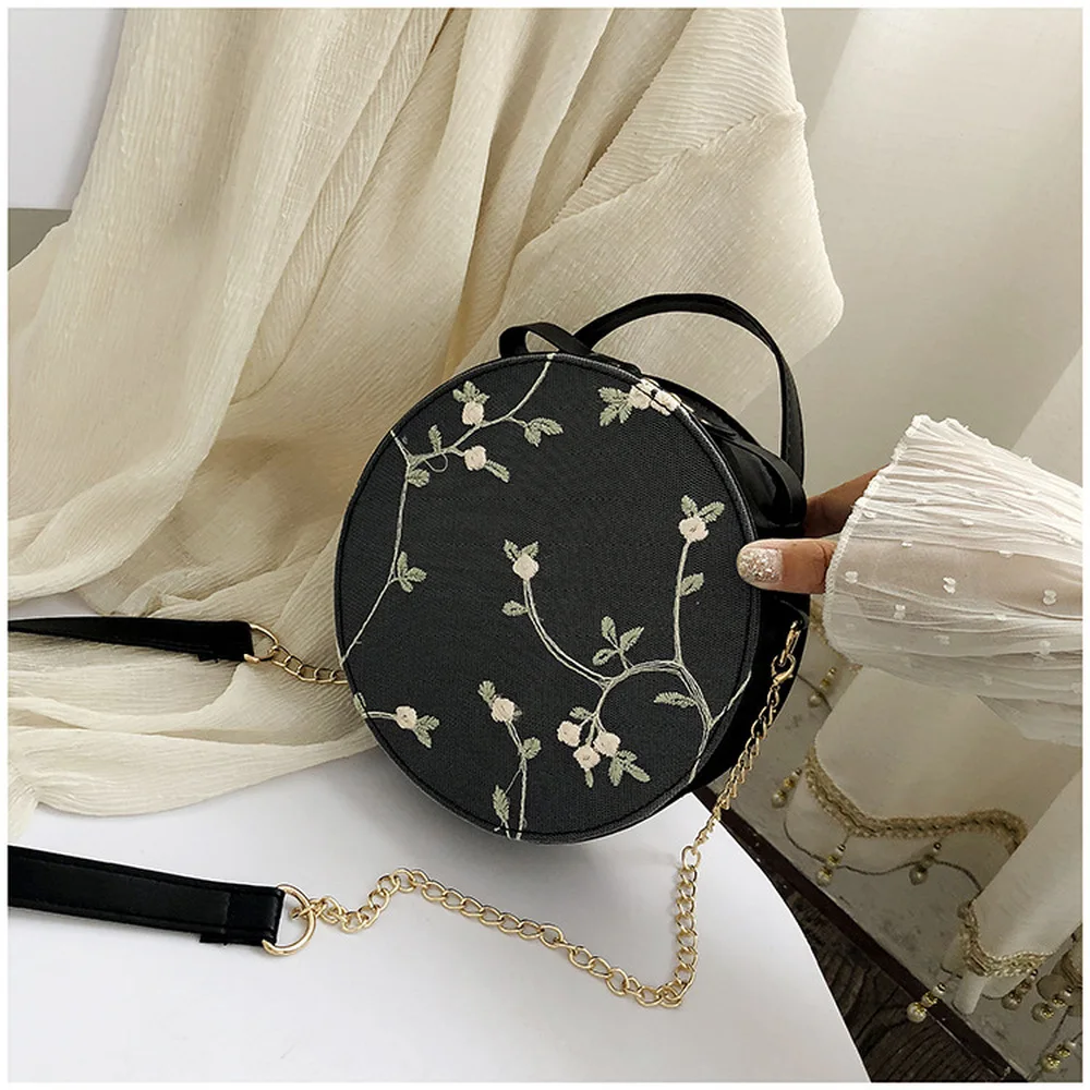 

Hot Sale Sweet Lace Round Handbags High Quality PU Leather Women Crossbody Bags Female Small Fresh Flower Chain Shoulder