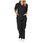 Однотонная Рабочая форма, модная женская летняя Черная форма медсестры с карманом, комплект из двух предметов, топ и брюки, аксессуары для медсестры