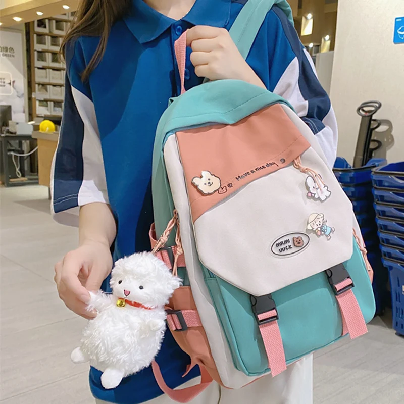

EST Contrast Color Patchwork High School Backpack Bag Girls Kawaii Pendant Leisure Shoulders Women Nylon Bolsa satchel Cute Bags