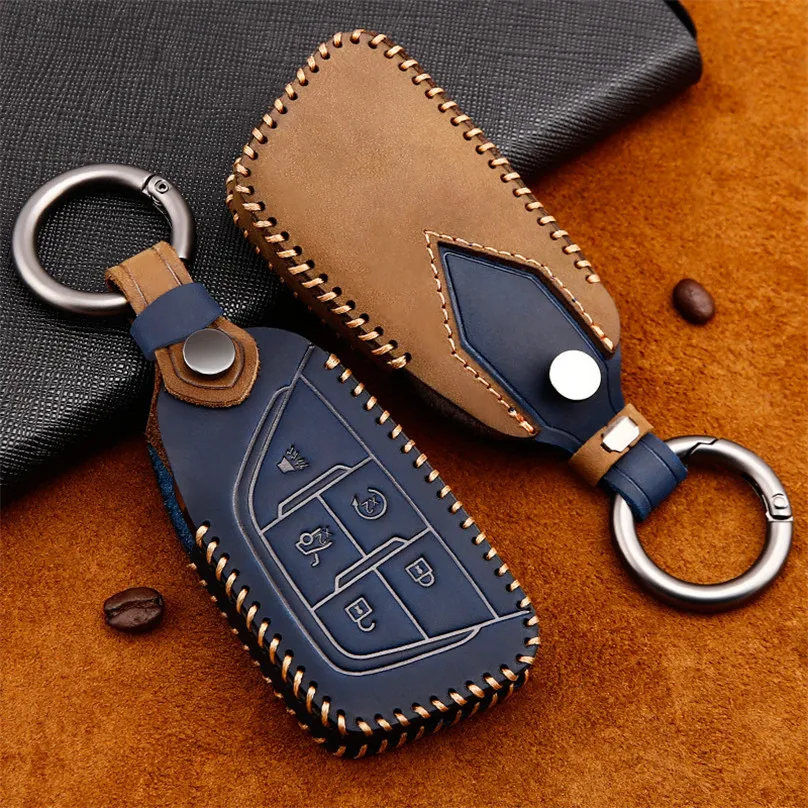 

For Cadillac CT5 2019 2020 5 Button Smart Remote Car Key Case Keychain Genuine Leather Handmade Car Key Cover