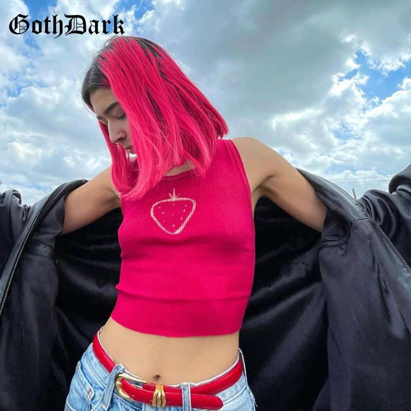 

Goth Dark E-Girl Kwaii Harajuku Pink Summer Tank Tops Pastel Gothic Grunge Bodycon Women Crop Top Strawberry Print Basic Clothes
