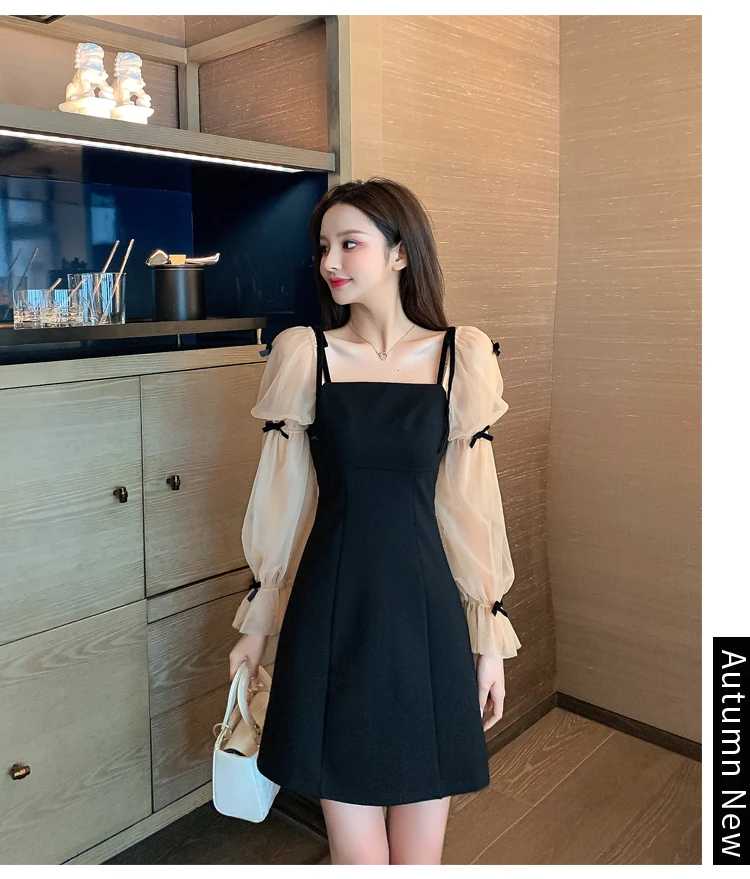 

2021 summer new mesh stitching bowknot suspender dress women's Korean A-line skirt