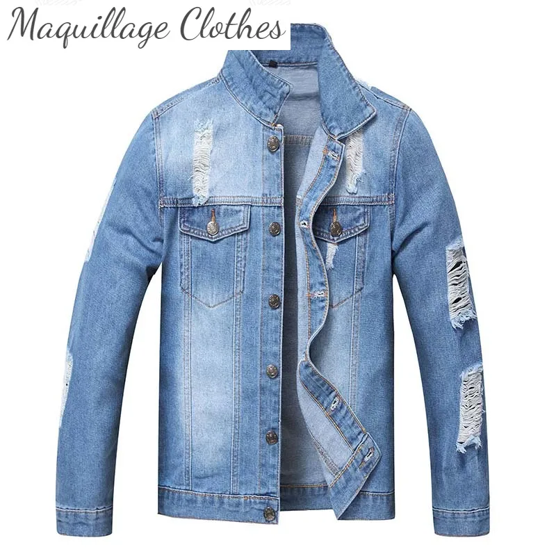 

Men's Ripped Casual Denim Jackets Coats Solid Color Pleated Jeans Jackets For Male Size S-2XL