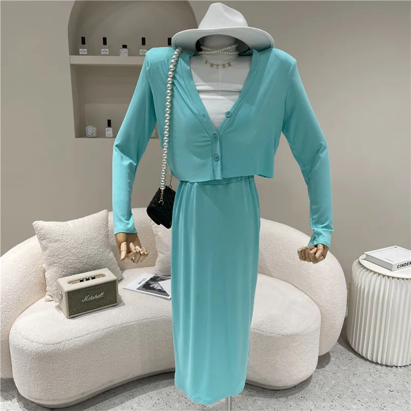 

Two piece set Women's Spring Summer 2021 Fashion Short V-Neck long sleeve thin cardigan Top + high waist one-step long skirt