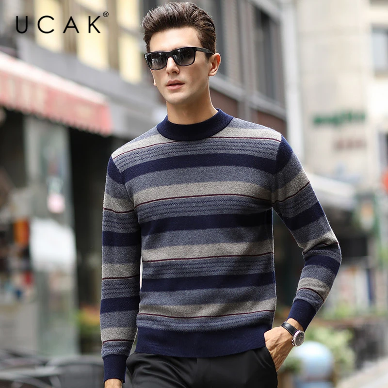 

Мужской свитер в полоску с круглым вырезом, из шерсти мериноса