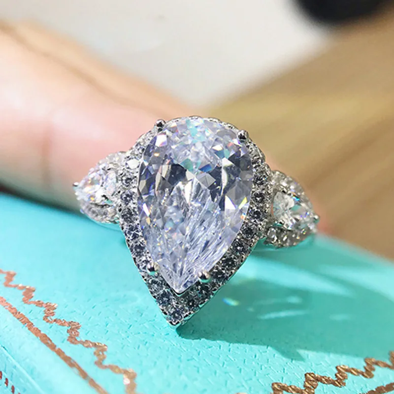 

Luxury 100% 925 Sterling Silver Ring Pear Shape Lab Moissanite Rings for Women Bridal Wedding Engagement White Gold Color