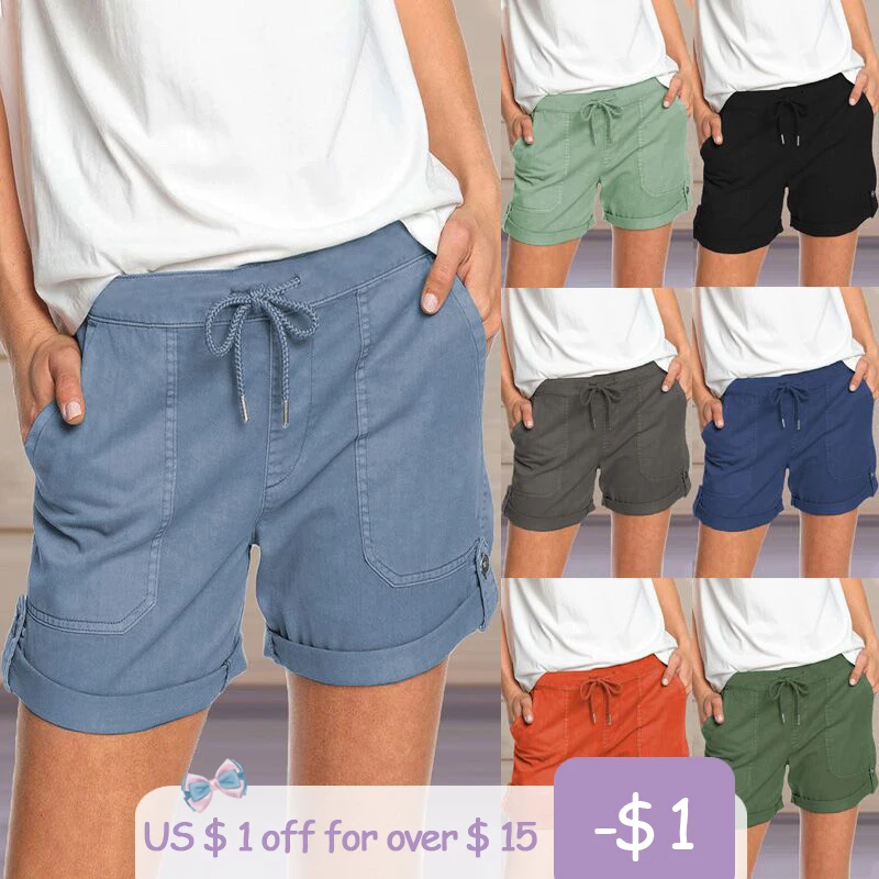 

Шорты женские летние, с высокой талией, свободные, однотонные, широкие, повседневные, на шнуровке, 2021, размера плюс