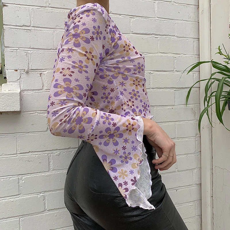 

Rapwriter Floral Print Crop Top Y2K Tie Up Tshirt Vintage Flare Sleeve Tee Top 90s Women Streetwear Harajuku Pullovers 2021 New