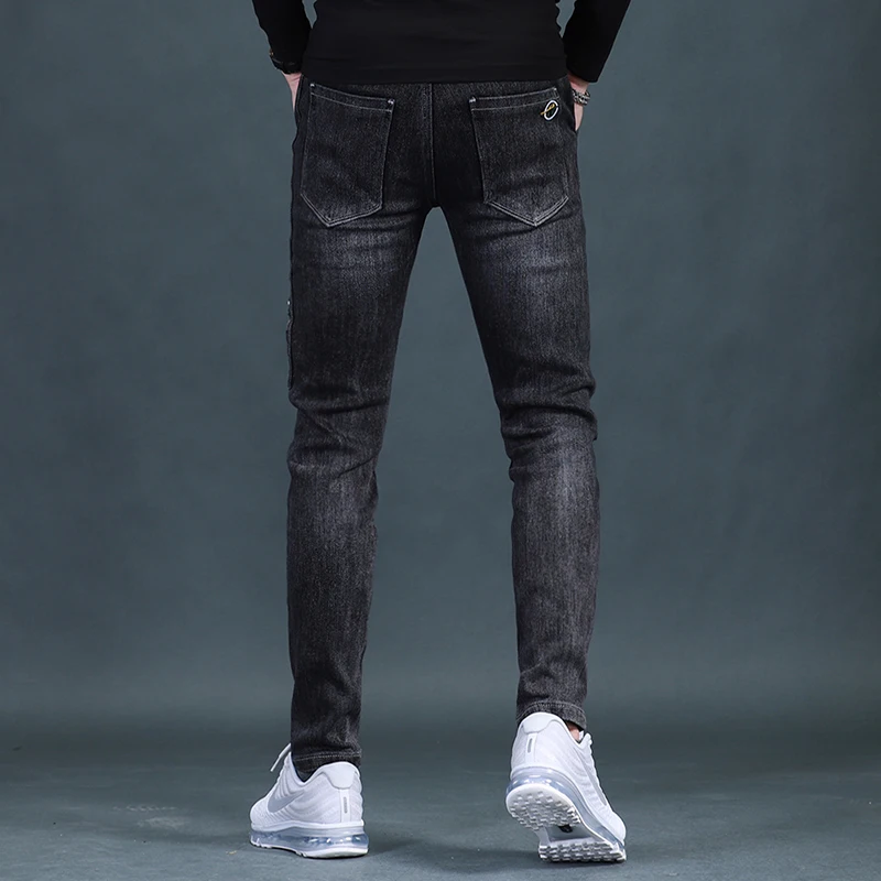 

Fashion Black Denim Trousers Men Slim Fit Stretch Jeans Korean Style Drawstring Pants