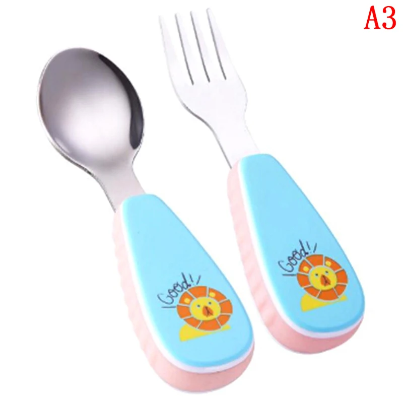 Cuchara infantil de dibujos animados de acero inoxidable 304, tenedor para aprender a comer, suplemento de alimentos para beb&eacute;s, juego de cubiertos port&aacute;til-4