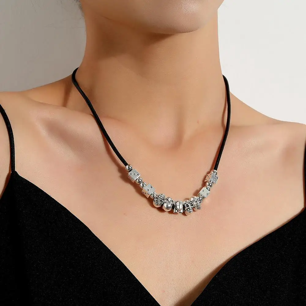 

Stainless Steel Polished/Antiqued Skulls Black Leather Cord Necklace PU String Chain On Neck Jewelry