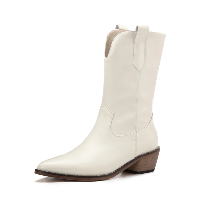 

FOREADA Natural Genuine Leather Mid Calf Boots Woman High Heel Western Boots Chunky Heel Shoes Pointed Toe Ladies Boots Beige 39