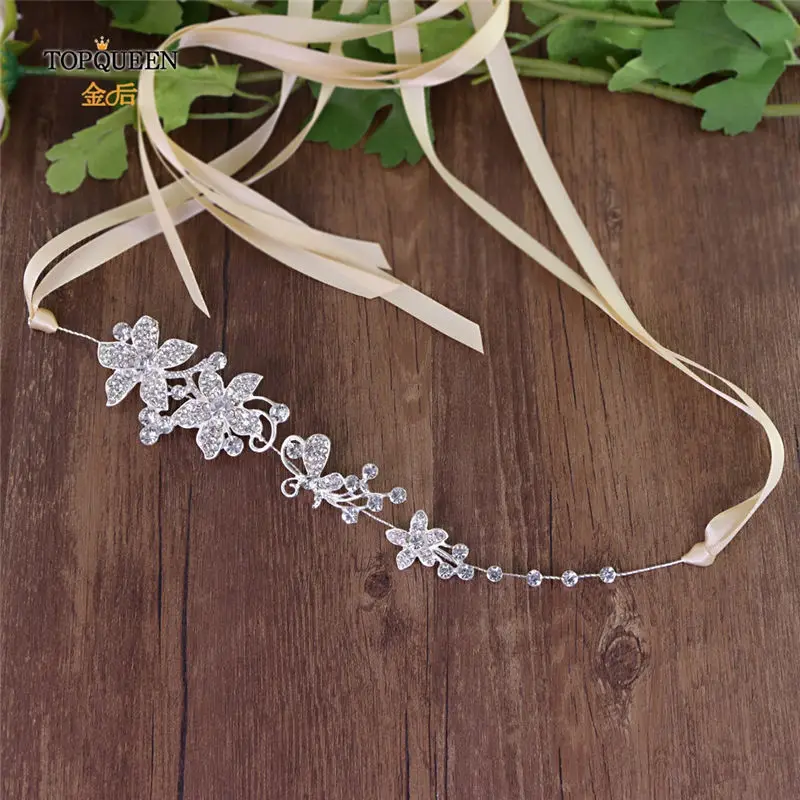 champagne ribbon TOPQUEEN SH260 Большой Хрустальный цветок пояс невесты Тонкий цветочный свадебный пояс горный хрусталь цветок свадебный пояс серебряный сплав пояс невесты - Цвет: champagne ribbon