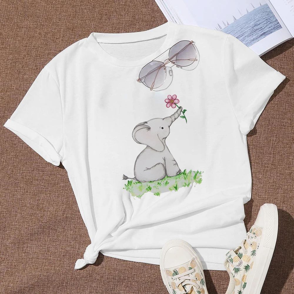 

Elephant and Flower Graphic Women T Shirt White T-shirt Fresh youth Simplicity Fashion Soothing Design 2022 Summer T shirts