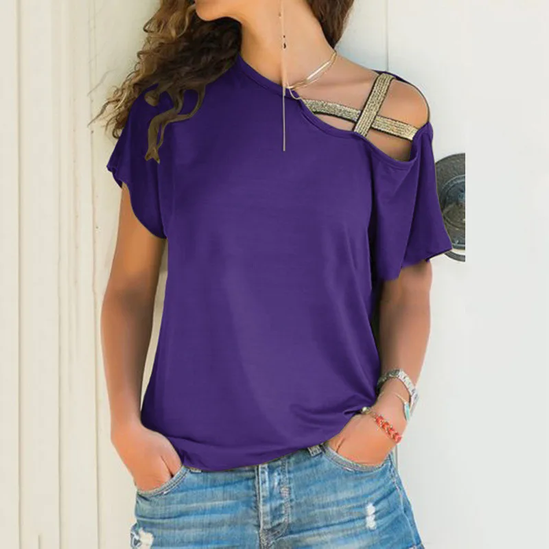 

t Shirt Female Skew Neck Cross Irregular T-Shirt Off Shoulder Casual Loose Short Sleeve Tee Harajuku Tops Summer Women
