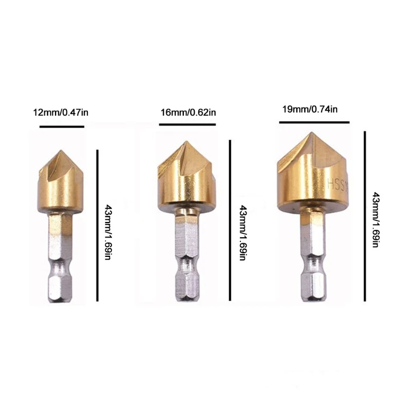 

3pcs Titanium Coated Countersink Chamfer Tool Deburring Tool Set Metal Wood Drill Bits 12mm 16mm 19mm Punch Tool