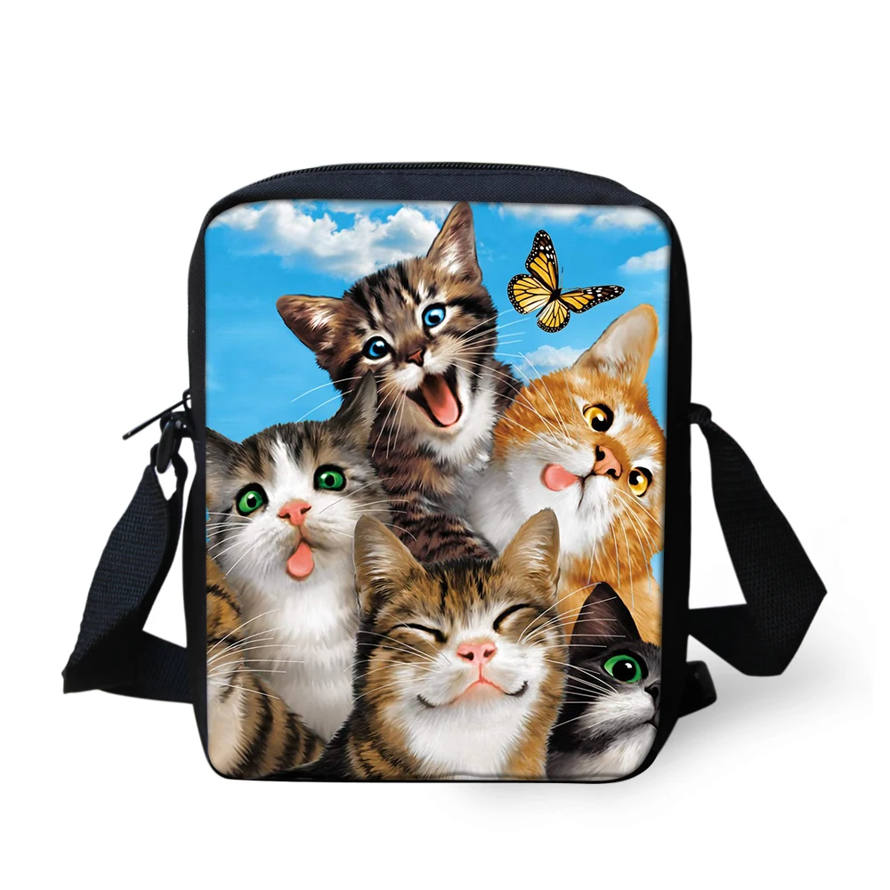 ELVISWORDS Kids Messenger Bags Cute Cat Dog Printing Lunch Bags for Boys Girls Casual Crossbody Shoulder Bags Mini Flap Funny - Color: QE259E