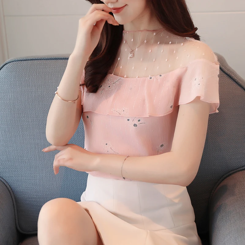 Корейская мода шифоновые блузки женские кружевные лоскутные рубашки топы