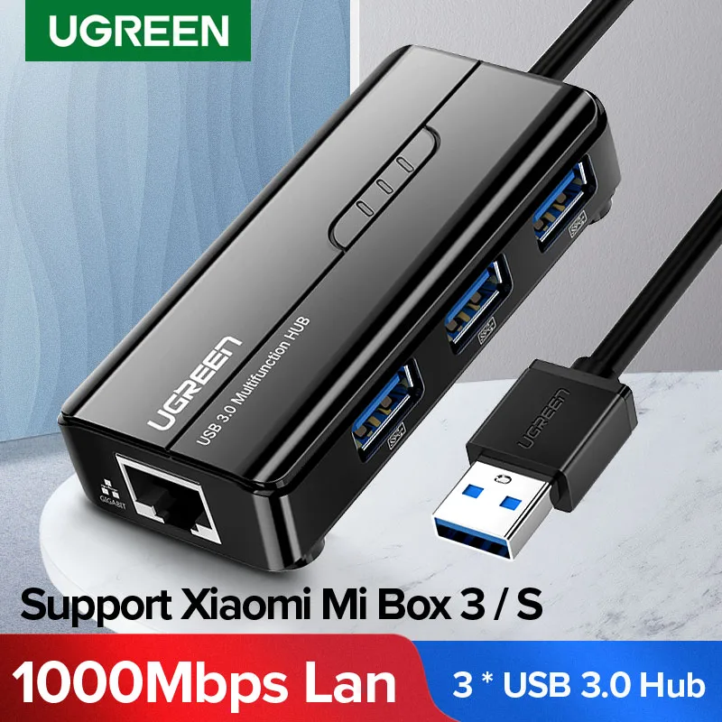  USB концентратор Ugreen, USB 3,0 2,0 к RJ45 Lan 10/100/1000 м, сетевая карта для Xiaomi Mi Box 3/S, USB Lan Ethernet адаптер для Macbook 