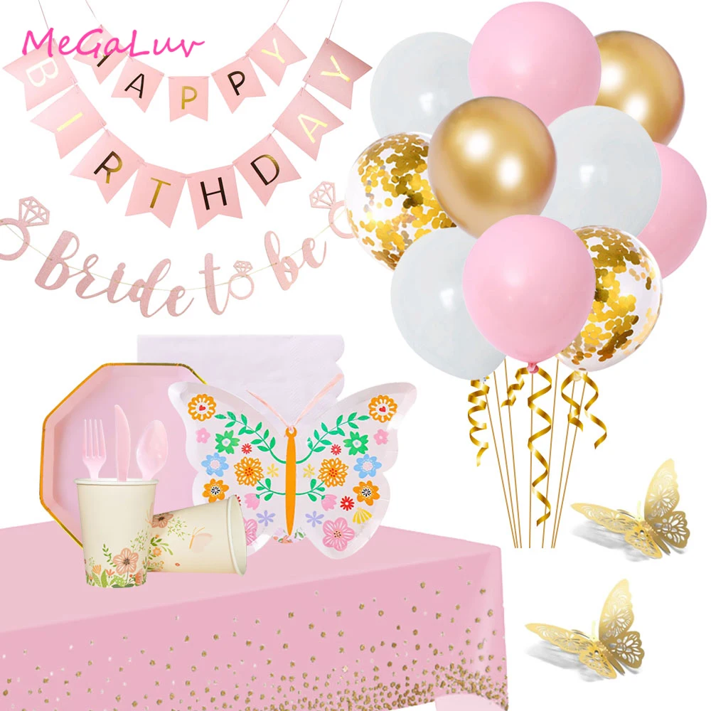 

Flower Butterfly Disposable Tableware Set Balloon Banner Cupcake Birthday Baby Baptism Gender Announcement Party Children Use