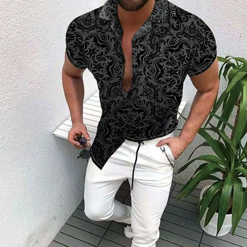 Hot Sale2021Summer New Men Clothing European American Retro Trend Shirt Casual Fashion Printed Cardigan Men's Short Sleeve Shirt