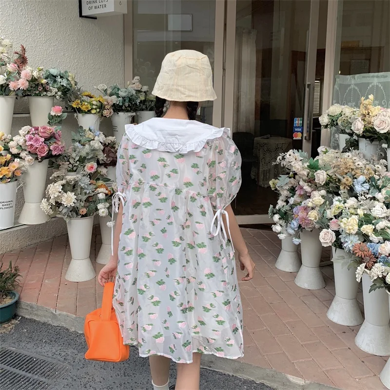 

Korean Summer New Kawaii Lolita One-piece Sweet Soft Girl Peter Pan Collar Cute Puff Sleeve Dress Temperament Floral Lady Dress