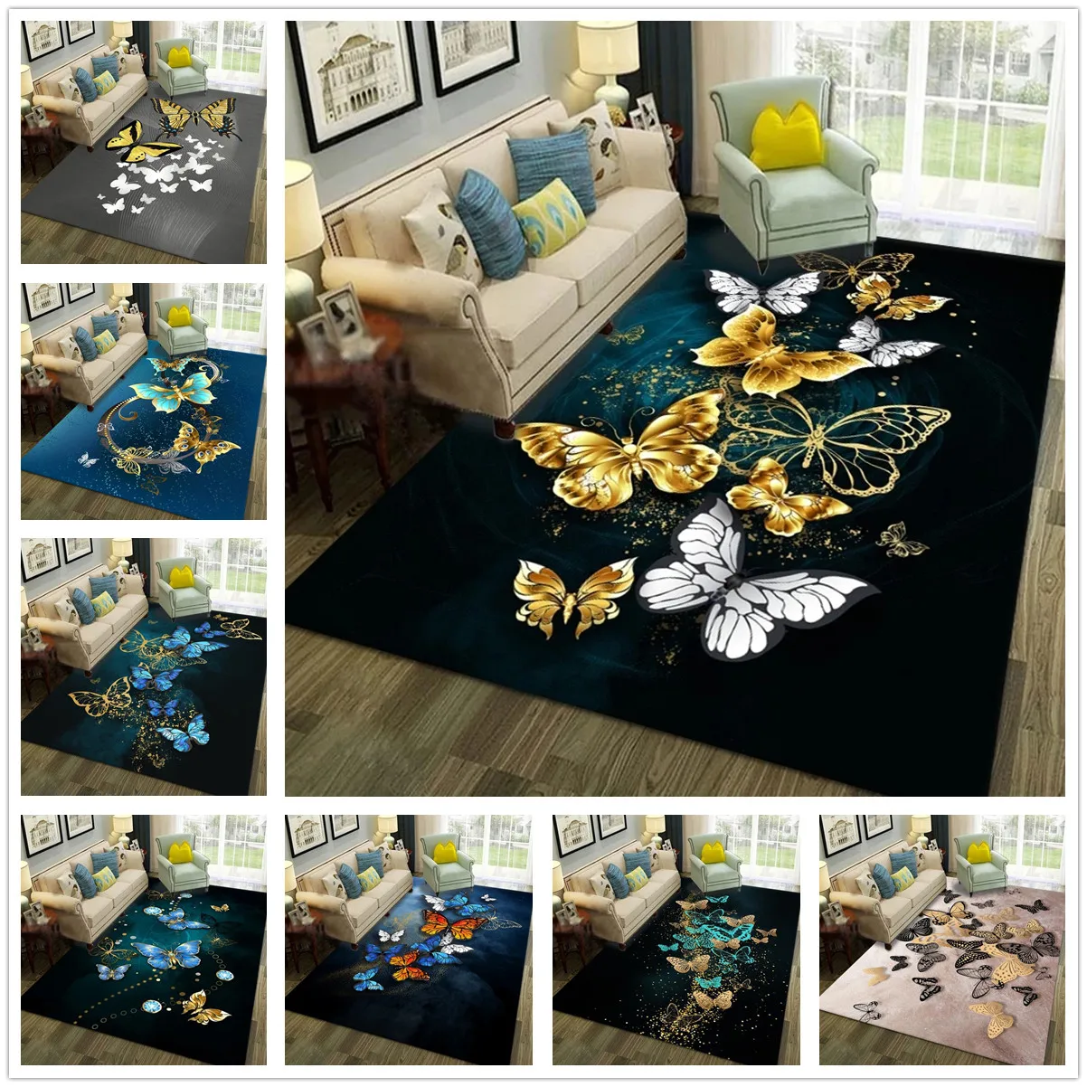 

Large Living Room Carpet Gold Butterflies Diamond Velvet Kitchen Bedroom Rug for Girls Room Entrance Doormat Hallway Play Mat