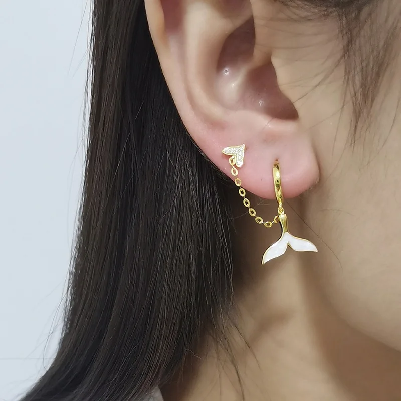 

Romantic Mermaid Tail Tassel Drop Earrings For Women Micro Crystal Chain Two Hole Piercing Earring Stud Accessories For Lady